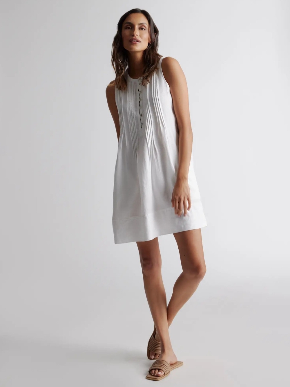 Quince 100% Linen White Pintuck Shell Button Pleated Swing Minidress, Size Small